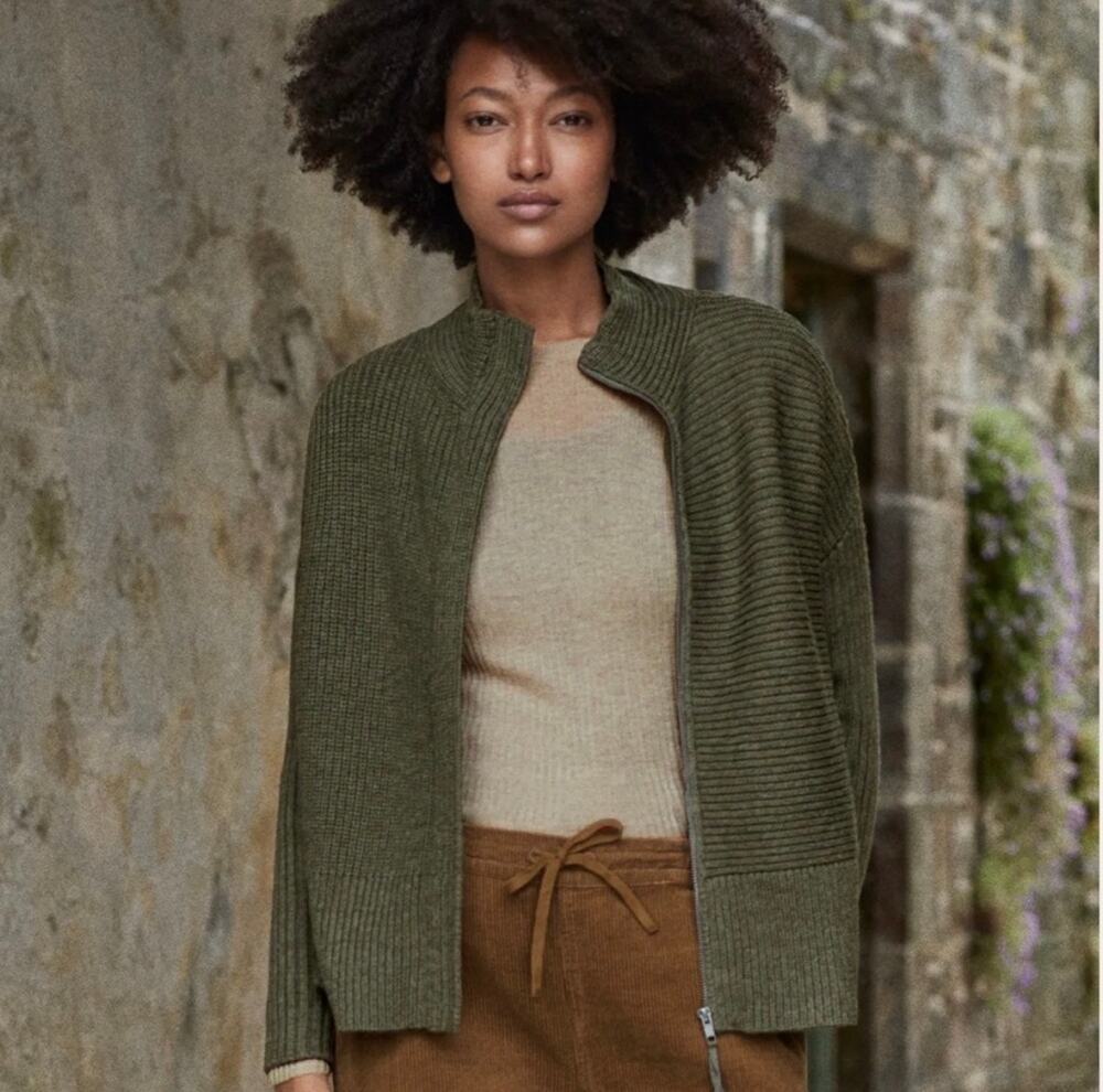 Poetry Wool Cotton Ribbed Zip Up Cardigan Sweater in "Dark Moss" Green Size 10